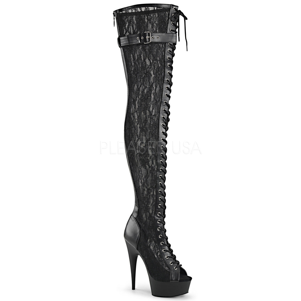 Pleaser DELIGHT-3025ML Black Pu-Mesh-Lace Open Toe Thigh Boots - Shoecup.com