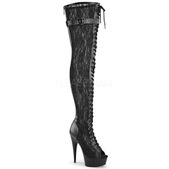 Pleaser DELIGHT-3025ML Black Pu-Mesh-Lace Open Toe Thigh Boots - Shoecup.com