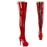 Pleaser DELIGHT-3027 Red-Black Stretch Pat 6 Inch (152mm) Heel, 1 3/4 Inch (45mm) Platform Two Tone Lace-Up/ Zip-UpThigh High Boot, Full Length Front Zip & 10 Inch Back Zip Closure