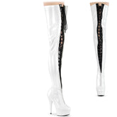 Pleaser DELIGHT-3027 Wht-Black Stretch Pat 6 Inch (152mm) Heel, 1 3/4 Inch (45mm) Platform Two Tone Lace-Up/ Zip-UpThigh High Boot, Full Length Front Zip & 10 Inch Back Zip Closure