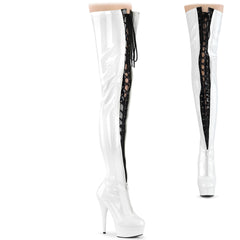 Pleaser DELIGHT-3027 Wht-Black Stretch Pat 6 Inch (152mm) Heel, 1 3/4 Inch (45mm) Platform Two Tone Lace-Up/ Zip-UpThigh High Boot, Full Length Front Zip & 10 Inch Back Zip Closure