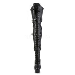 PLEASER DELIGHT-3028 Black Stretch Pu-Black Matte Thigh High Boots