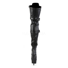 PLEASER DELIGHT-3028 Black Stretch Pu-Black Matte Thigh High Boots