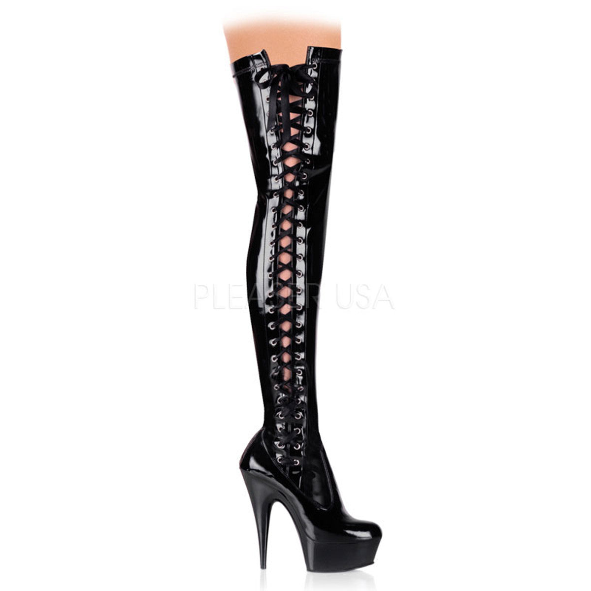 PLEASER DELIGHT-3050 Black Stretch Pat-Black Thigh High Boots - Shoecup.com