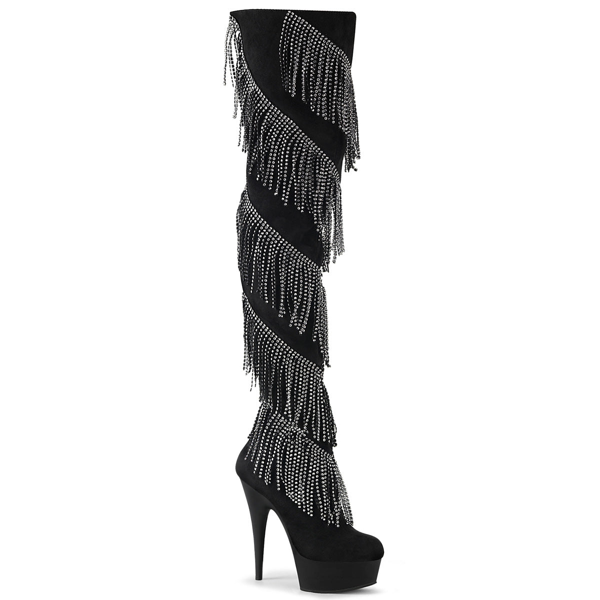 Pleaser DELIGHT-3065 Black Faux Suede-Silver 6 Inch (152mm) Heel, 1 3/4 Inch (45mm) Plarform Thigh High Boot Featuring 5-Layer Simulated Rhinestone Fringe, 1/2 Inside Zip Closure