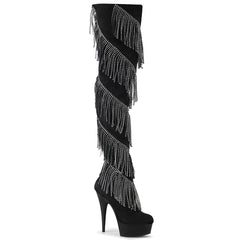 Pleaser DELIGHT-3065 Black Faux Suede-Silver 6 Inch (152mm) Heel, 1 3/4 Inch (45mm) Plarform Thigh High Boot Featuring 5-Layer Simulated Rhinestone Fringe, 1/2 Inside Zip Closure