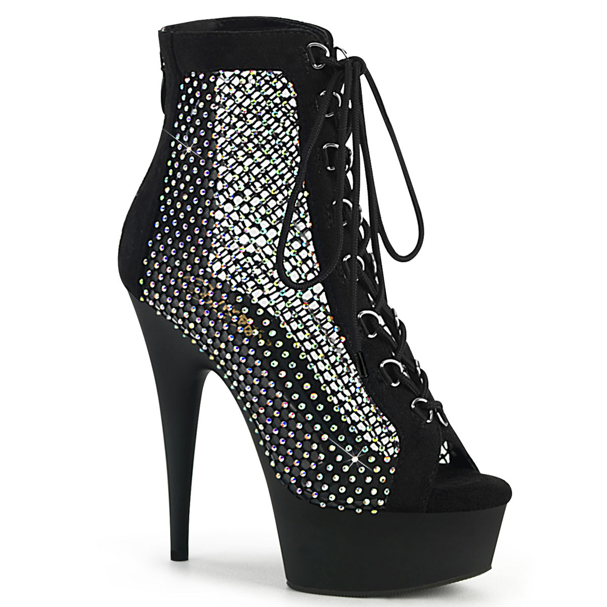 Pleaser DELIGHT-600-33RM Black Faux Suede-Rhinestone Mesh 6 Inch Heel, 1 3/4 Inch Platform Lace-Up Peep Toe Ankle Boot, Back Zip