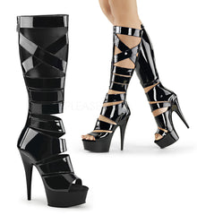 Pleaser DELIGHT-600-49 Black Stretch Patent Gladiator Boots - Shoecup.com