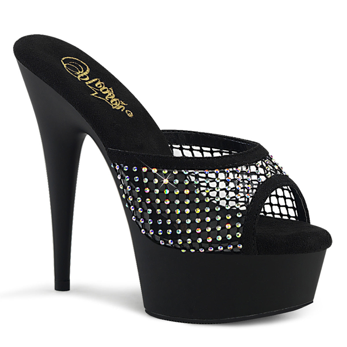 Pleaser DELIGHT-601-6RM Black Faux Suede-Rhinestone Mesh 6 Inch (152mm) Heel, 1 3/4 Inch (45mm) Platform Peep Toe Slide With AB Rhinestones Mesh Fabric Vamp