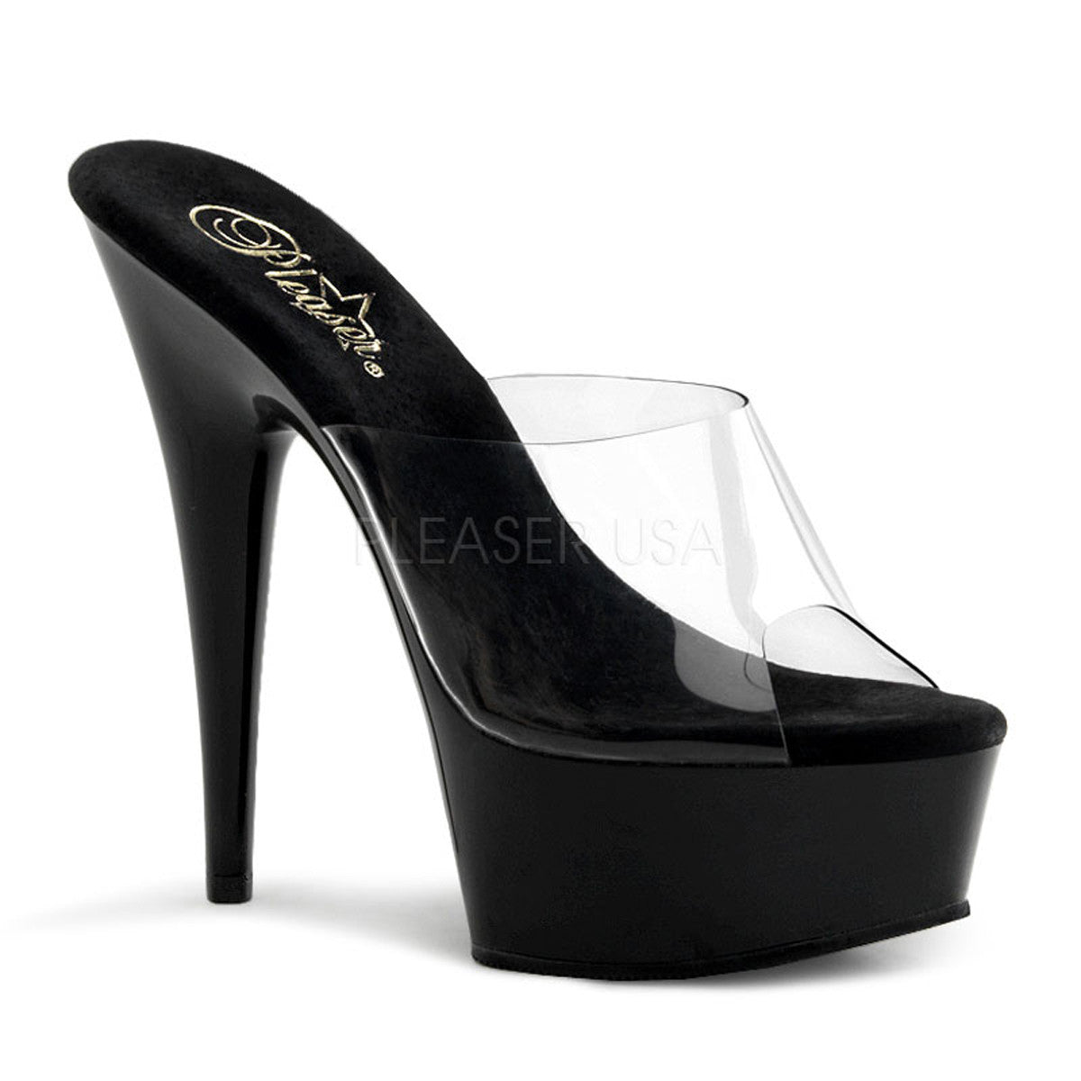 PLEASER DELIGHT-601 Clear-Black Stiletto Slides - Shoecup.com