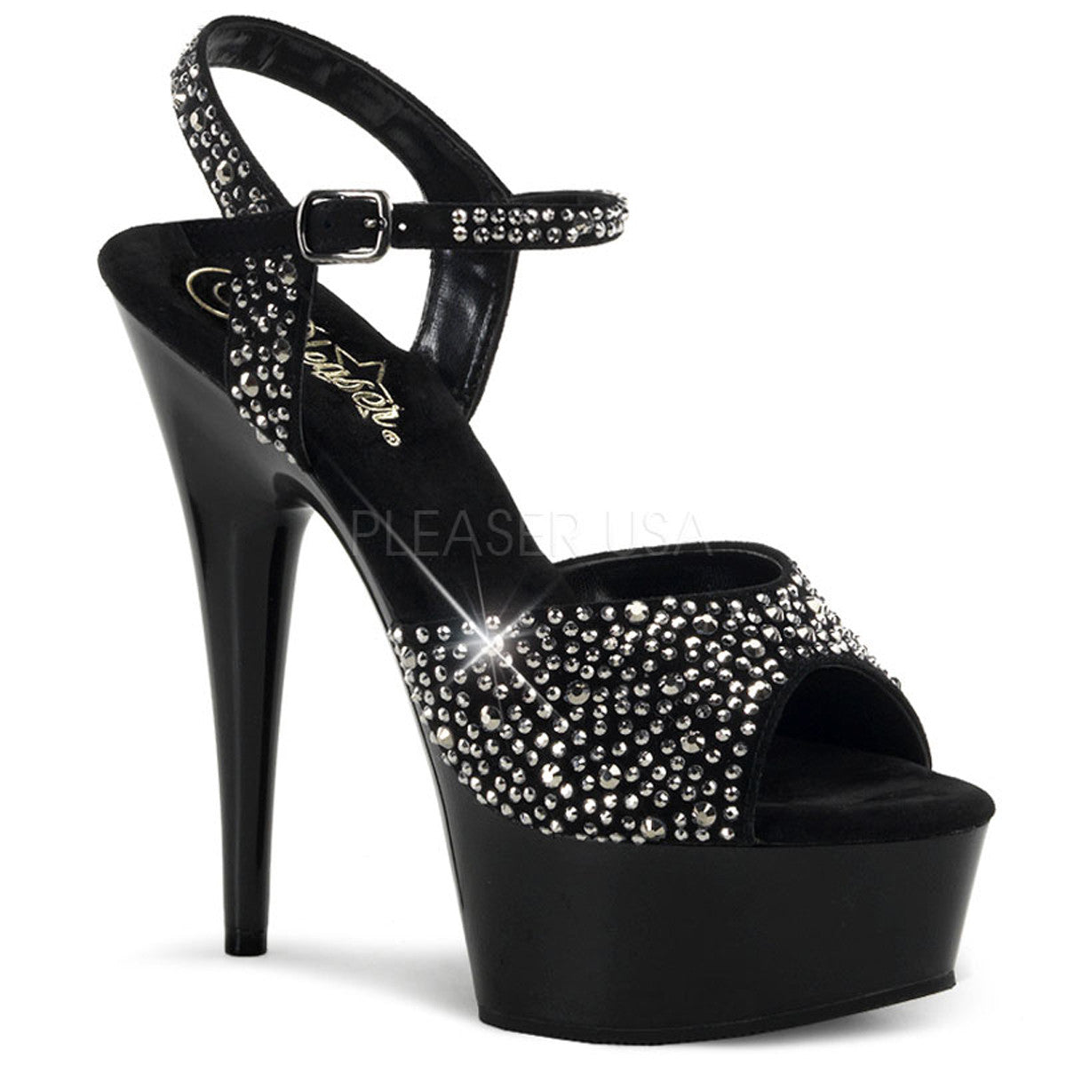 PLEASER DELIGHT-609RS Black Suede-Pewter Rhinestone- Black Ankle Strap Sandals - Shoecup.com