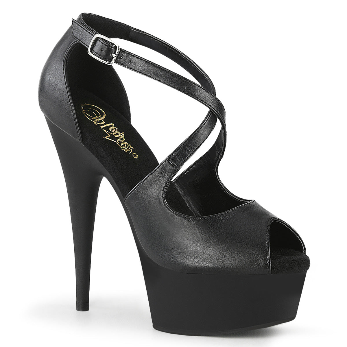Pleaser DELIGHT-621 Black Faux Leather 6 Inch (152mm) Heel, 1 3/4 Inch (45mm) Platform Close Back Peep Toe Criss Cross Sandal