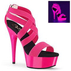 Pleaser DELIGHT-669UV Neon Hot Pink Elastic Band 6 Inch (152mm) Heel, 1 3/4 Inch (45mm) Platform Criss Cross Sandal Featuring Entire Upper and Platform Bottom UV Blacklight Reactive