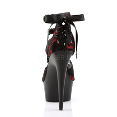 PLEASER DELIGHT-678LC Red Satin-Lace-Black Matte Ankle Strap Sandals