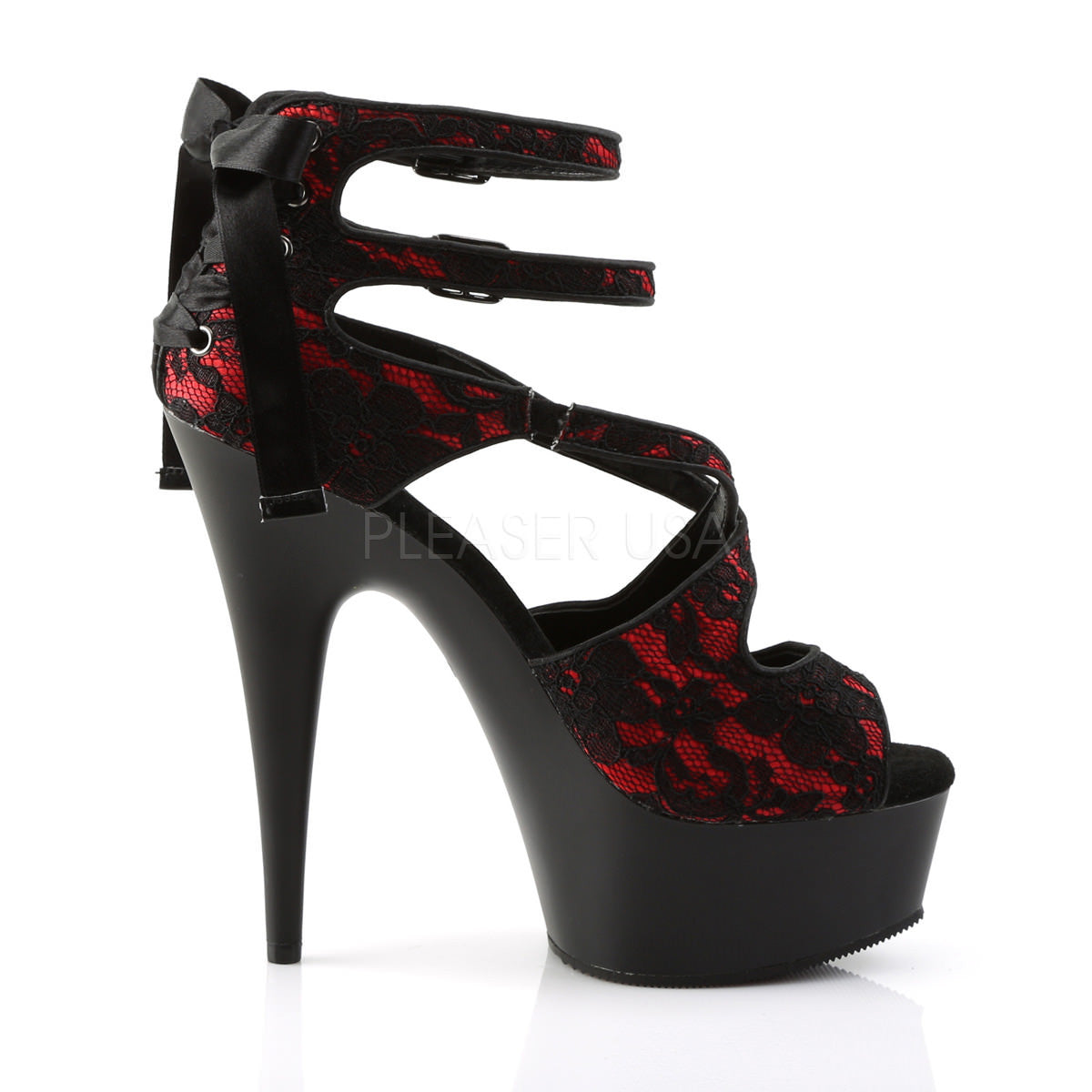 PLEASER DELIGHT-678LC Red Satin-Lace-Black Matte Ankle Strap Sandals