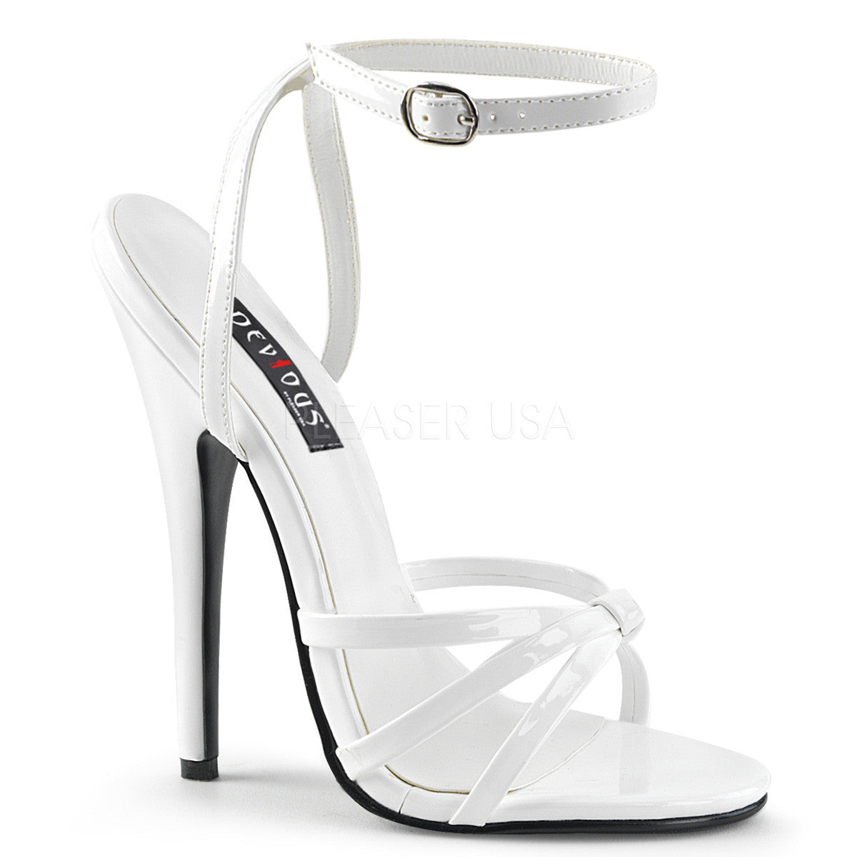 6" Stiletto Heel White Pat Wrap Around Knotted Strap Sandal