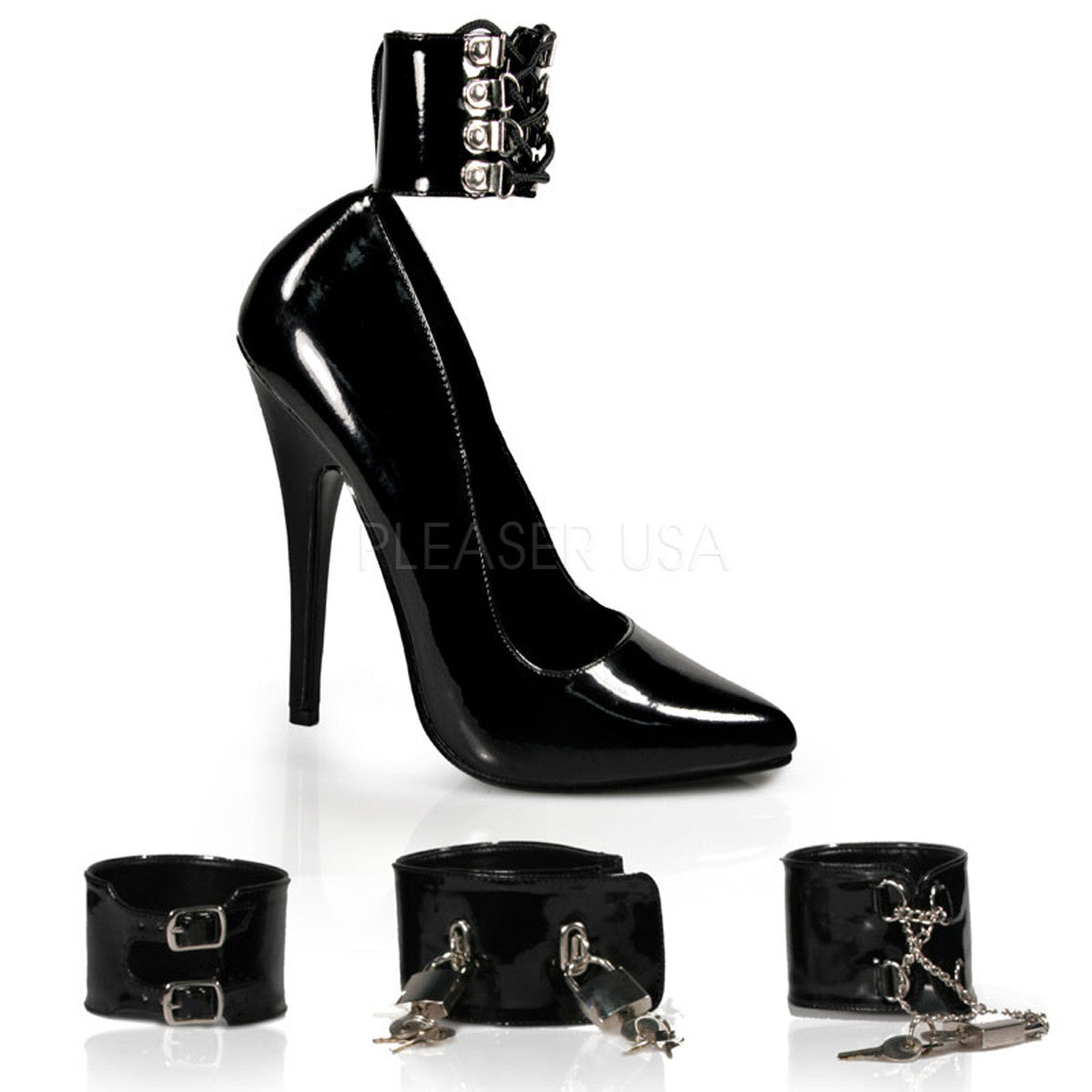 Devious,DEVIOUS DOMINA-434 Black Pat Ankle Strap Pumps - Shoecup.com