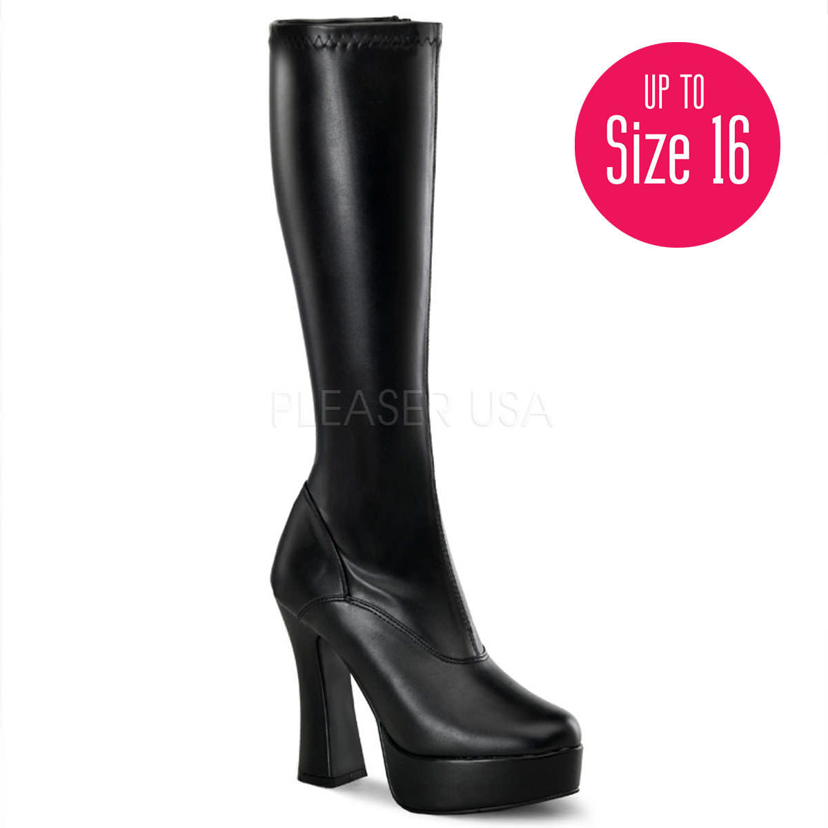 PLEASER ELECTRA-2000Z Black Stretch Pu Knee High Boots - Shoecup.com