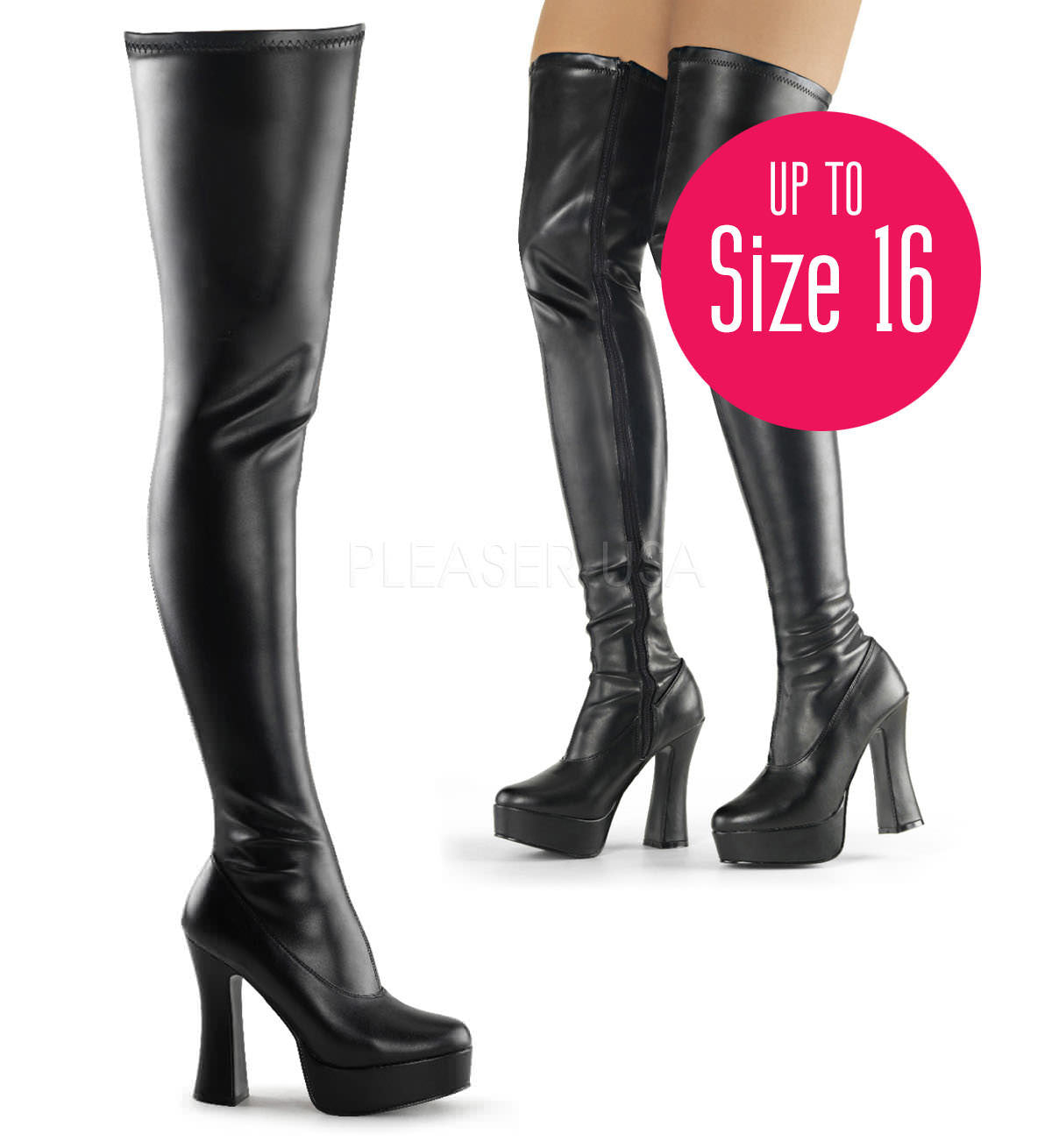 PLEASER ELECTRA-3000Z Black Stretch Pu-Black Matte Thigh High Boots - Shoecup.com - 1