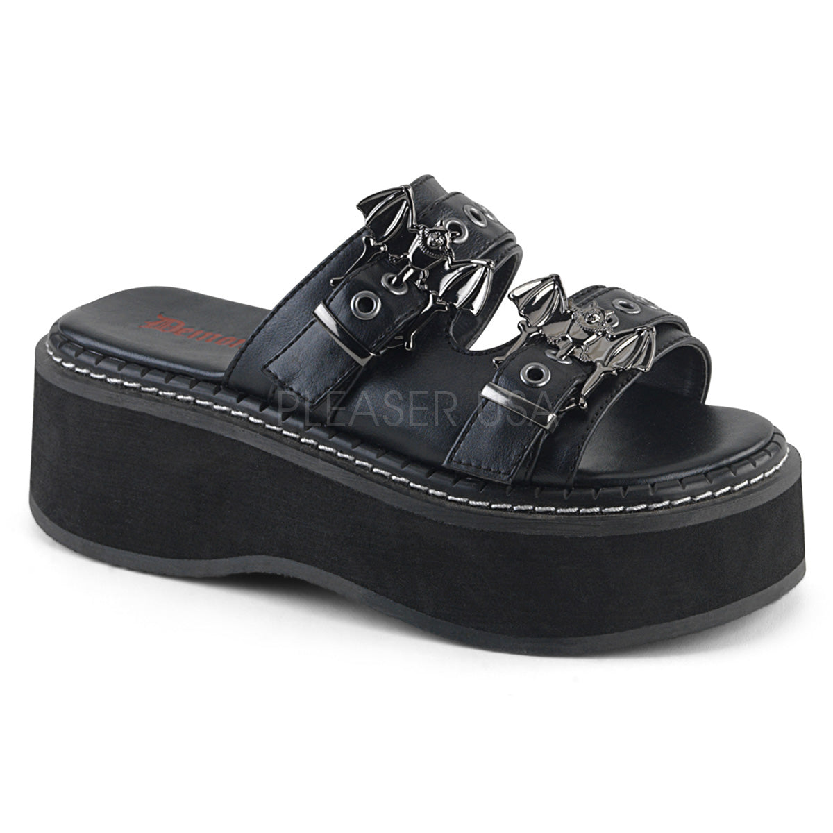 Demonia EMILY-100 Black 2" Platform Double Strap Slide Sandal Featuring Riveted Straps and Ornamental Bat Buckles