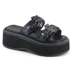 Demonia EMILY-100 Black 2" Platform Double Strap Slide Sandal Featuring Riveted Straps and Ornamental Bat Buckles