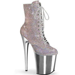 Pleaser FLAMINGO-1020CHRS Silver Multi Rhinestone 8 Inch Heel , 4 Inch Platform Lace-Up Rhinestone Embellished Ankle Boot, Side Zip