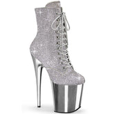 Pleaser FLAMINGO-1020CHRS Silver Rhinestone 8 Inch Heel , 4 Inch Platform Lace-Up Rhinestone Embellished Ankle Boot, Side Zip