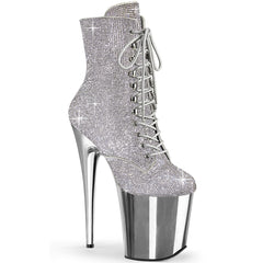 Pleaser FLAMINGO-1020CHRS Silver Rhinestone 8 Inch Heel , 4 Inch Platform Lace-Up Rhinestone Embellished Ankle Boot, Side Zip