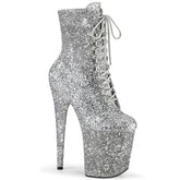 Pleaser FLAMINGO-1020GWR Silver Glitter 8 Inch Heel, 4 Inch Platform Lace-Up Glitter Ankle Boot, Side Zip