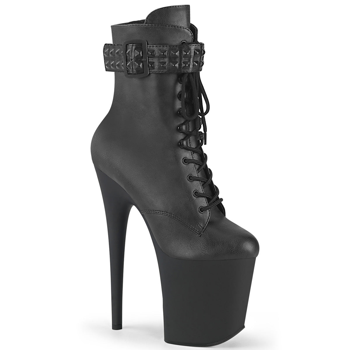 Pleaser FLAMINGO-1020STR Black Faux Leather 8 Inch Heel, 4 Inch Platform Lace-Up Front Ankle Boot, Side Zip