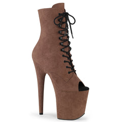 Pleaser FLAMINGO-1021FS Caramel Faux Suede 8 Inch Heel, 4 Inch Platform Lace-Up Front Ankle Boot, Side Zip