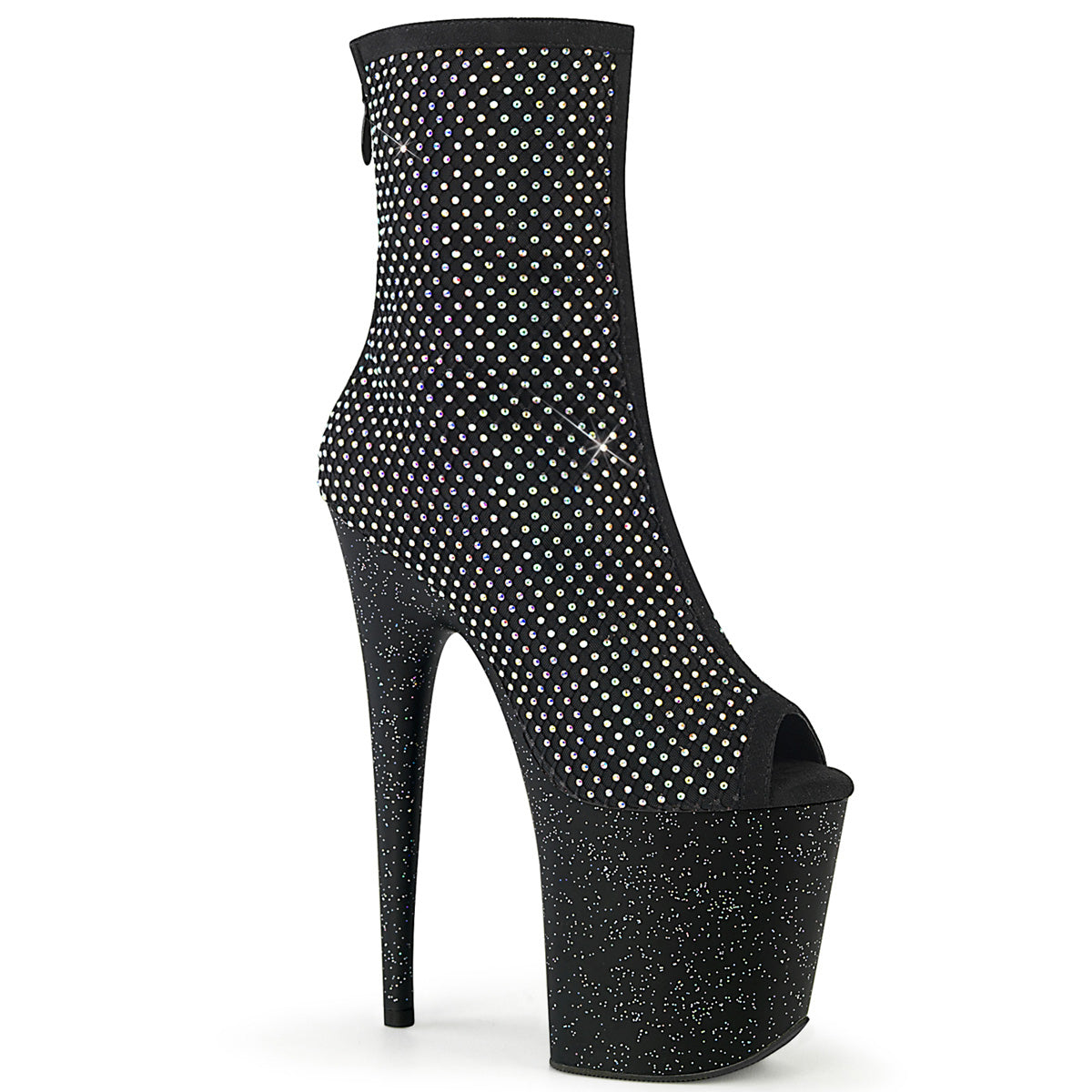 Pleaser FLAMINGO-1031GM Black Fabric-Rhinestone Mesh 8 Inch Heel, 4 Inch Platform Peep Toe Ankle Boot, Back Zip