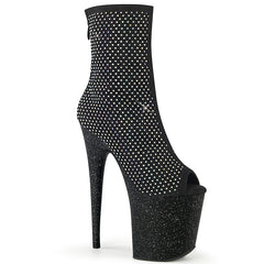 Pleaser FLAMINGO-1031GM Black Fabric-Rhinestone Mesh 8 Inch Heel, 4 Inch Platform Peep Toe Ankle Boot, Back Zip