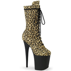 Pleaser FLAMINGO-1050LP Leopard Print Pony Hair 8 Inch (200mm) Heel, 4 Inch (100mm) Platform Lace-Up Front Leopard Print Pony Hair Mid Calf Boot, Inside Zip Closure