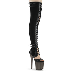 Pleaser FLAMINGO-3027 Black Faux Suede 8 Inch Heel, 4 Inch Platform Lace-Up Front Thigh, Side Zip