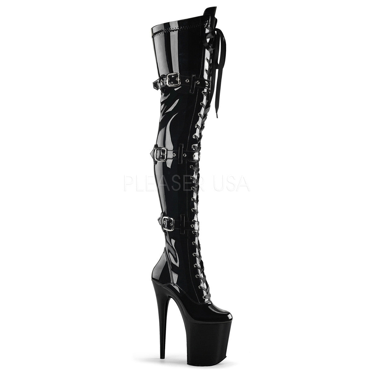 Pleaser FLAMINGO-3028 Black Stretch Pat Thigh High Boots - Shoecup.com