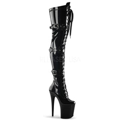 Pleaser FLAMINGO-3028 Black Stretch Pat Thigh High Boots - Shoecup.com
