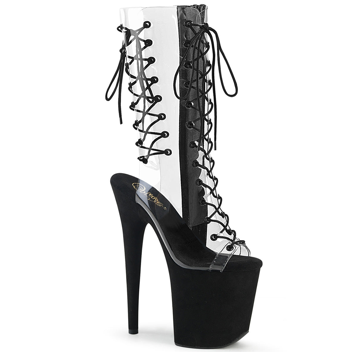 Pleaser FLAMINGO-800-60FS Clear-Black Faux Suede 8 Inch Heel, 4 Inch Platform Lace-Up Mid Calf Boot, Side Zip