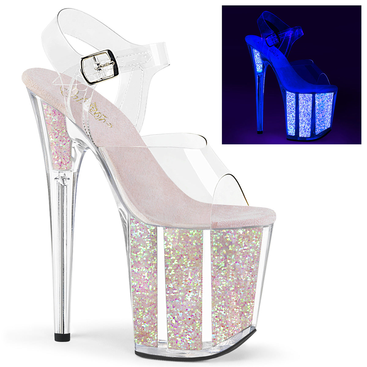 8" Heel FLAMINGO-808UVG Clear Neon Opal Glitter