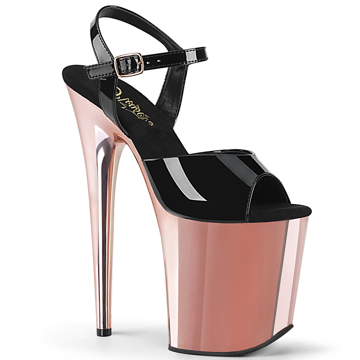 8" Heel FLAMINGO-809 Black Pat Rose Gold Chrome