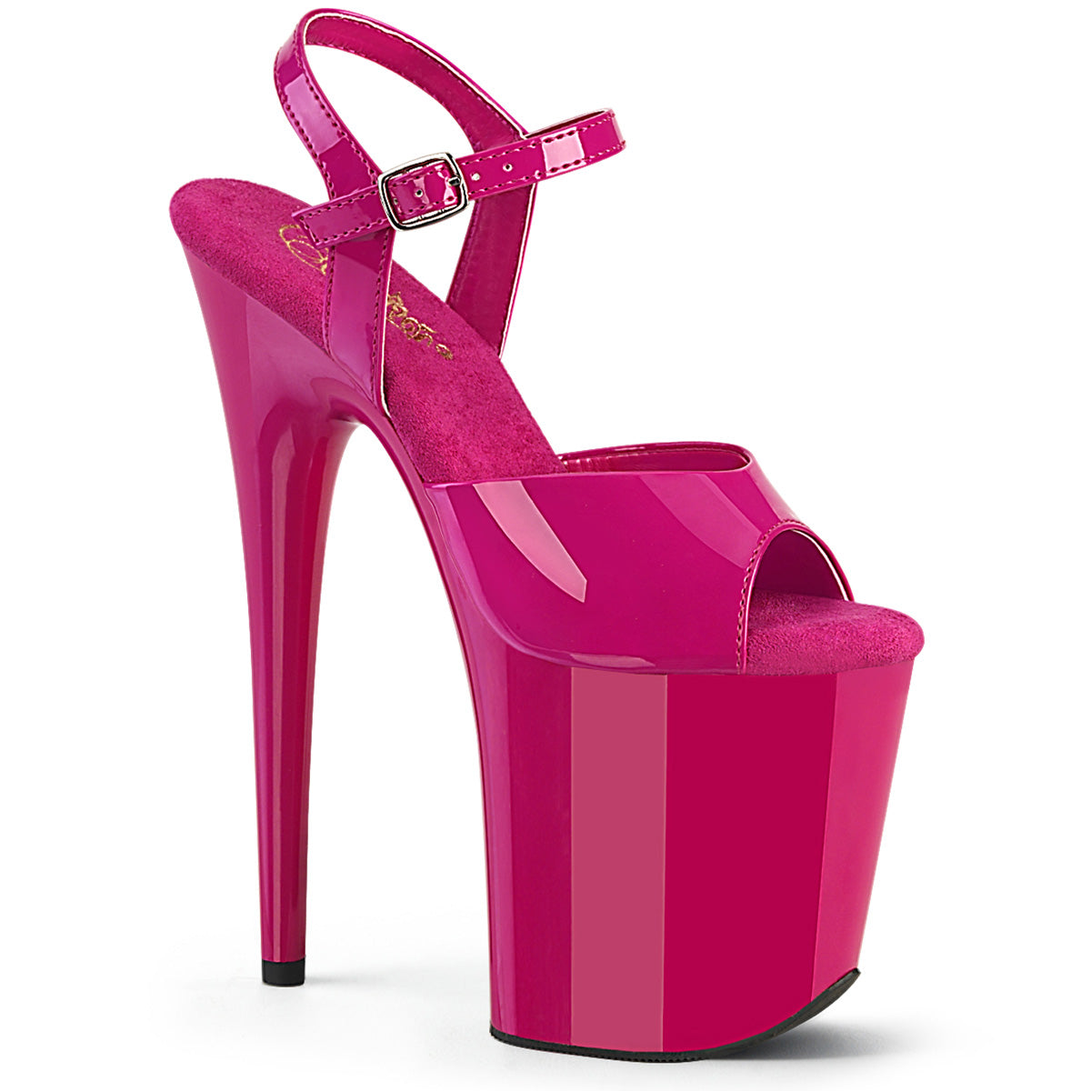Pleaser FLAMINGO-809 Hot Pink Pat 8 Inch (200mm) Heel, 4 Inch (100mm) Platform Ankle Strap Sandal