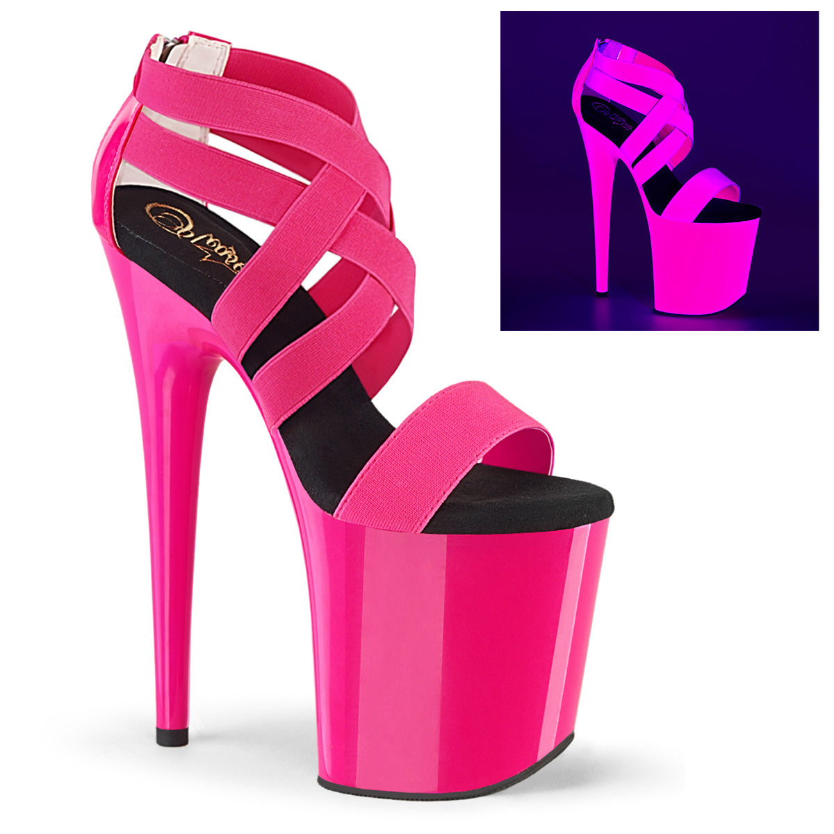 Pleaser FLAMINGO-869UV Neon Hot Pink Elastic Band 8 Inch (200mm) Heel, 4 Inch (100mm) Platform Criss Cross Sandal Featuring Entire Upper and Platform Bottom UV Blacklight Reactive