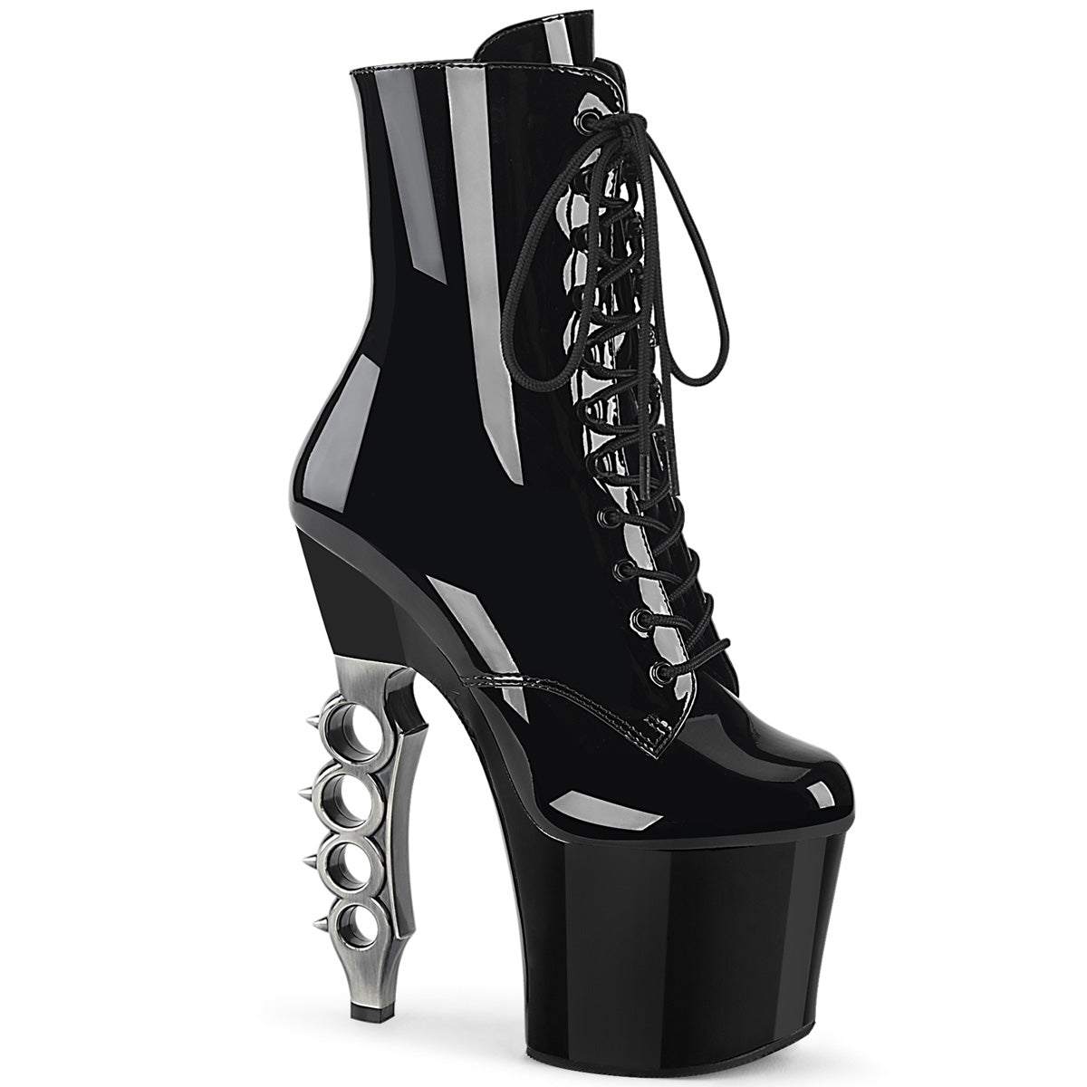 Pleaser IRONGRIP-1020 Black Patent 7 Inch Brass Knuckle Heel, 3 1/4 Inch Platform Lace-Up Boot, Side Zip