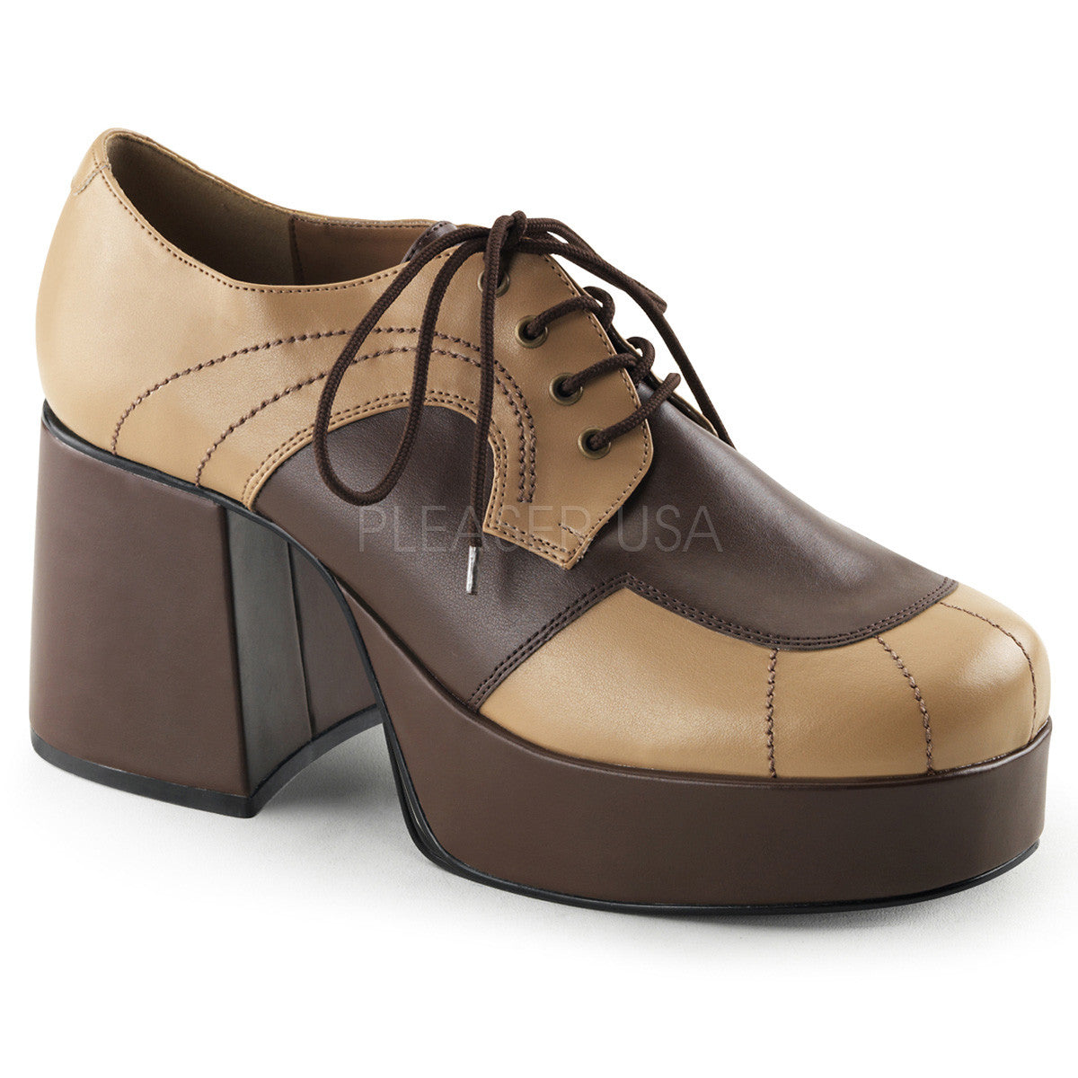 Men s Tan Brown Disco 70s Platform Retro Costume Shoes 3 Block Heel Shoecup