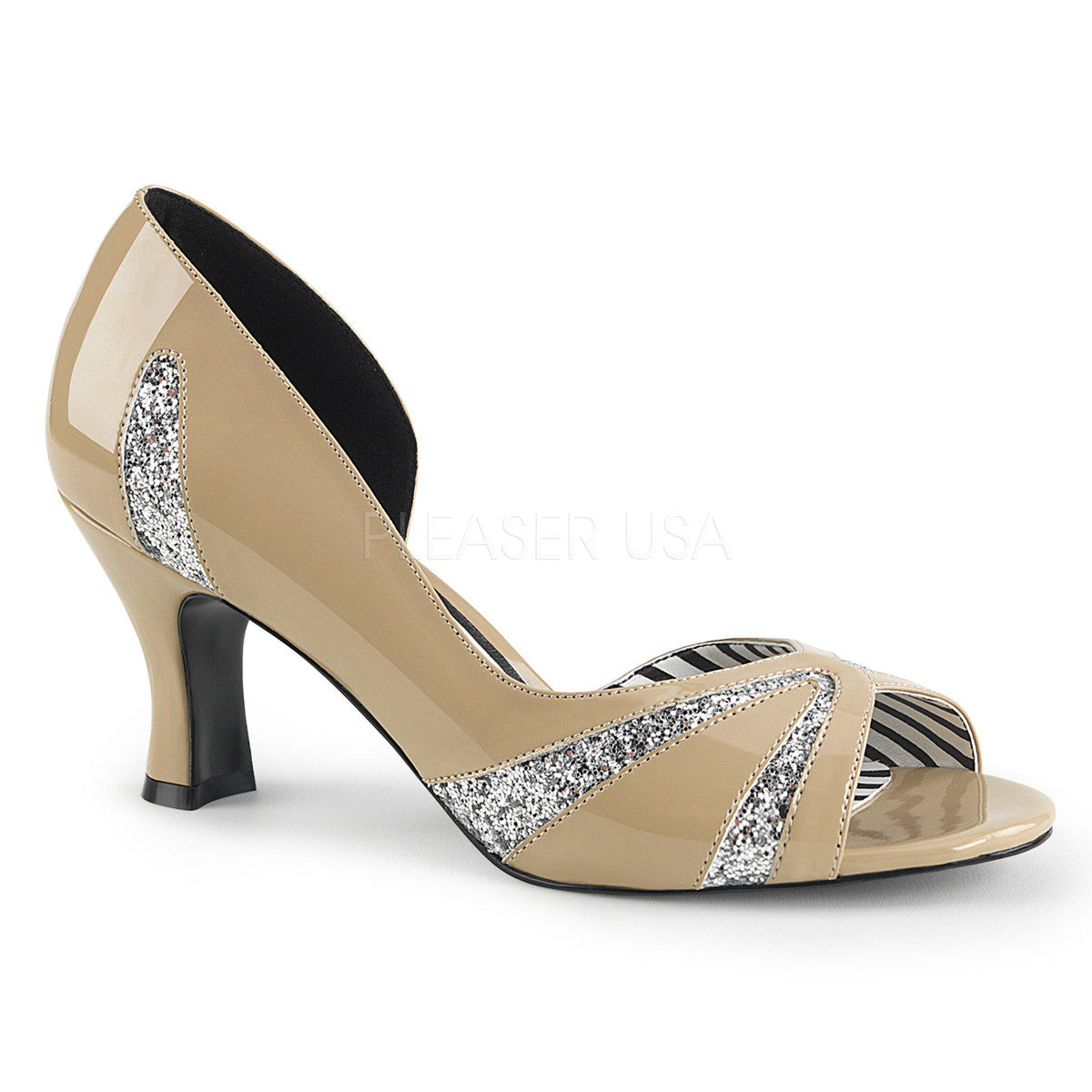Pleaser Pink Label JENNA-03 Cream Pat-Silver Glitter Pumps - Shoecup.com