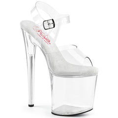 Pleaser NAUGHTY-808 Clear 8 Inch (200mm) Heel, 4 Inch (100mm) Platform Comfort Width Ankle Strap Sandal