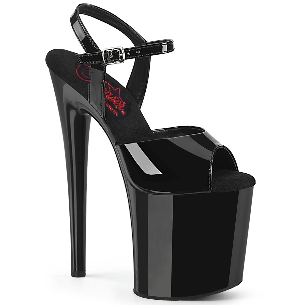 Pleaser NAUGHTY-809 Black Pat 8 Inch (200mm) Heel, 4 Inch (100mm) Platform Comfort Width Ankle Strap Sandal
