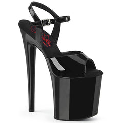 Pleaser NAUGHTY-809 Black Pat 8 Inch (200mm) Heel, 4 Inch (100mm) Platform Comfort Width Ankle Strap Sandal