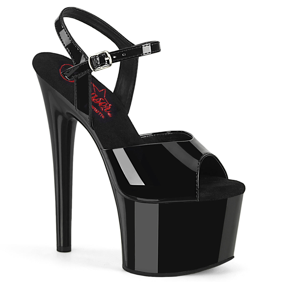 Pleaser PASSION-709 Black Pat 7 Inch (178mm) Heel, 2 3/4 Inch (70mm) Platform Comfort Width Ankle Strap Sandal