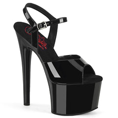 Pleaser PASSION-709 Black Pat 7 Inch (178mm) Heel, 2 3/4 Inch (70mm) Platform Comfort Width Ankle Strap Sandal